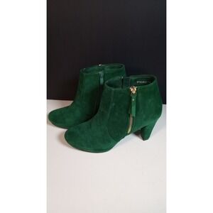 Forest Green Suede Ankle Boot Women Sz 7.5 Block Heel Gold Zipper Y2K *READ*